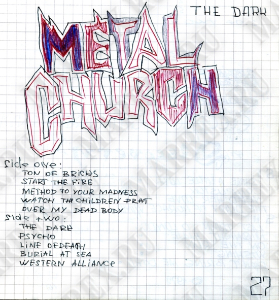 Пластинка  Metal Church - ‘The Dark‘ из тетради.